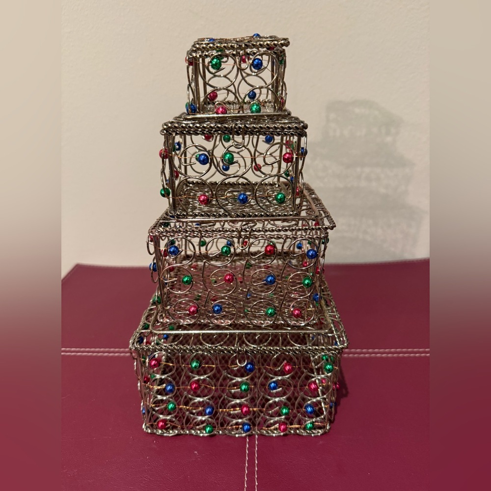 Vintage Decorative Nesting Wire Trinket Box Set Embellished with Colorful Beads